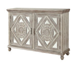 Two Door Credenza Credenza Hand Painted Finish 2 Mirror Paneled Doors with Carved Detail Overlay 4 Interior Fixed Shelves Cord Management Adjustable Levelers 