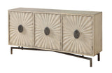 Three Door Media Credenza Credenza Painted Finish Cord Management Brushed Iron Base Three Adjustable Shelves Adjustable Levelers 