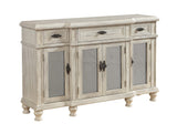 Four Door Three Drawer Credenza Credenza Painted Finish Breakfront Design Wire Mesh Over Mirrored Door Fronts Three Fixed Shelves Adjustable Levelers 