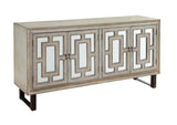 Four Door Media Credenza Credenza Painted Textured Finish Geometric Fretwork Over Mirror Metal Base Two Fixed Shelves Cord Management Adjustable Levelers