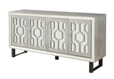 Four Door Media Credenza Credenza Painted Textured Finish Geometric Fretwork Over Mirror Metal Base Two Fixed Shelves Cord Management Adjustable Levelers