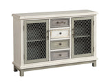 Two Door Four Drawer Credenza Credenza Hand Painted Finish Two Fixed Shelves Decorative Key Hardware Wire Mesh Door Fronts Adjustable Levelers 