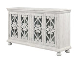 Orchard Park Four Door Media Credenza Media Credenza Pine & Pine Veneers Bun Feet Two Adjustable Shelves Cord Management Adjustable Levelers Coordinating Pieces Available