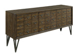 Three Door Media Console Console Table Fir Wood & Birch Veneers Vintage Card Catalog Design Two Adjustable Shelves Cord Management Adjustable Levelers 