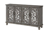 Four Door Media Credenza Media Credenza Birch & Ash Veneers Scroll Fretwork Over Mirror Two Adjustable Shelves Cord Management Adjustable Levelers 