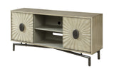 Two Door Media Credenza Media Credenza Painted Textured Finish Iron Base Two Sliding Doors Three Adjustable Shelves Cord Management Adjustable Levelers