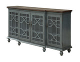 Four Door Media Credenza Media Credenza Wood Veneer Top Breakfront Design Chippendale Fretwork Six Interior Shelves Cord Management Adjustable Levelers