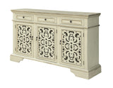 Three Door Three Drawer Media Credenza Media Credenza Textured Painted Finish Decorative Tear Drop Hardware Extended Drawer Glides Three Fixed Shelves Cord Management Adjustable Levelers