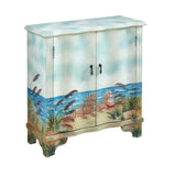 Two Door Cabinet Cabinet Serpentine Shape Painted Coastal Beach Scene Fluted Detailing Tear Drop Hardware One Fixed Shelf Adjustable Levelers
