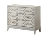 Three Drawer Chest Chest Painted Finish Raised Geometric Pattern Extended Drawer Glides Tapered Feet Adjustable Levelers 