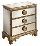Three Drawer Chest Chest Hand Painted Hollywood Glam Style Beveled Mirrored Facings Oversized Drawer Pulls Decorative Carved Base 
