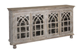 Four Door Media Credenza Credenza Mango Solids Distressed Finish Cathedral Style Fretwork Cord Management Four Removable Shelves 