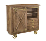 One Sliding Door Three Drawer Cabinet Cabinet Mango & Iron Brown Finish Sliding Door On Iron Track Iron Wheels Fixed & Removable Shelves 