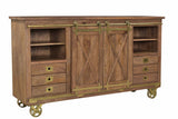 Two Sliding Door Six Drawer Media Credenza Credenza Mango & Iron Brown Finish Sliding Doors On Iron Track Iron Wheels Four Removable Shelves 