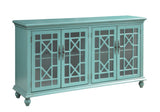 Four Door Media Credenza Credenza Hand Painted Textured Finish 4 Glass Paneled Doors Chippendale Fretwork 2 Interior Shelves Cord Management