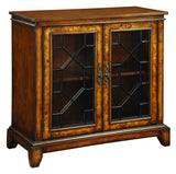 Two Door Cabinet Cabinet MDF & Wood Veneers 2 Glass Paneled Doors Iron Chippendale Fretwork Interior Shelf Decorative Hardware 
