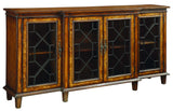 Four Door Media Credenza Credenza MDF & Wood Veneers 4 Glass Paneled Doors Iron Chippendale Fretwork Interior Shelves Decorative Hardware Cord Management