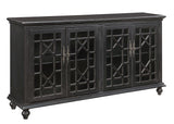 Four Door Media Credenza Credenza Hand Painted Textured Finish 4 Glass Paneled Doors Chippendale Fretwork 2 Interior Shelves Cord Management