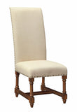 Set of 2 Dining Chairs Dining Chair Birch Wood Frame Natural Beige Fabric Nail Head Trim Detail Carved Detailing High Back H Cross Stretcher
