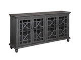 Four Door Media Credenza Media Credenza Hand Painted Textured Finish 4 Glass Paneled Doors Chippendale Fretwork 2 Interior Shelves Cord Management