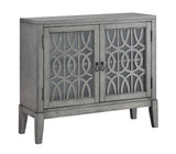 Two Door Cabinet Cabinet Wood & Chinese Walnut Veneers 2 Glass Paneled Doors Geometric Fretwork 1 Interior Shelf Drop Ring HardwareSing Twist Ring Hardware Tapered Legs