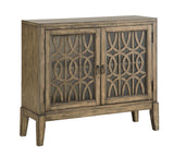Two Door Cabinet Cabinet Wood & Chinese Walnut Veneers 2 Glass Paneled Doors Geometric Fretwork 1 Interior Shelf Drop Ring HardwareSing Twist Ring Hardware Tapered Legs