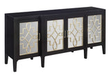 Four Door Media Credenza Credenza Hand Painted 4 Mirrored Paneled Doors Intricate Fretwork 3 Interior Shelves Breakfront Design Cord Management