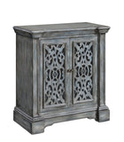 Two Door Cabinet Cabinet Hand Painted Finish Clear Glass Door Panels Decorative Fretwork 1 Interior Shelf Crown Molded Top 