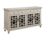 Four Door Four Drawer Media Credenza Credenza Hand Painted Textured Finish Glass Door Panels Chippendale Fretwork 2 Interior Shelves Cord Management 