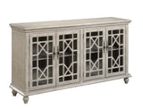 Four Door Media Credenza Credenza Hand Painted Textured Finish Glass Door Panels Chippendale Fretwork 2 Interior Shelves Cord Management 