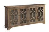 Four Door Media Credenza Credenza Fir & Birch Veneer 4 Glass Panel Doors Decorative Fretwork 2 Adjustable Shelves Cord Management 