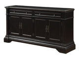 Two Drawer Four Door Media Credenza Credenza Hand Painted Fluted Pilasters Stair Step Platform Base 4 Doors with magnetic closures 2 Drawers with metal drawer glides 4 Interior Adjustable Shelves
