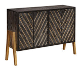 Four Door Media Sideboard Credenza Black Rub Finish with Cherry Veneers Gold Toned Legs V Plank Detailing 4 Doors with Upgraded European Hinges Cord Management 2 Interior Adjustable Shelves