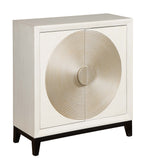 Two Door Cabinet Cabinet Hand Painted 2 Doors with Upgraded European Hinges Oversized Door Handles Circular Grooves in a Shimmery Silver surround the handles 2 Interior Shelves  Adjustable Levelers