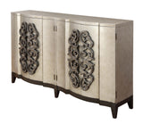 Four Door Bar Cabinet Bar Cabinet Serpentine Case 4 Doors with Statement Hardware 2 Interior Drawers Hanging Stemware Rack Bottle Storage Removeable Decorative Serving Tray