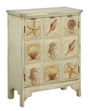 Two Door Cabinet Cabinet Hand Painted and Resin Raised Shell Motif 2 Doors Hidden Hardware 2 Interior Fixed Shelves Adjustable Levelers