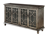 Four Door Media Credenza Credenza Hand Painted Textured Finish 4 Glass Paneled Doors Chippendale Fretwork 2 Interior Shelves Cord Management 