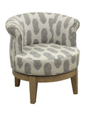 Swivel Accent Chair Accent Chair Birch Wood Frame Distressed Wire Brushed Finish Grey Paisley Fabric Barrel Shape with Roll Edge Swivel Base Tapered Legs