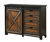 Four Drawer One Sliding Door Media Cabinet Media Cabinet Solid and Birch Veneers Frame Two Toned Finish Sliding Door On Iron Track 2 Interior Adjustable Shelves Cord Management Adjustable Levelers