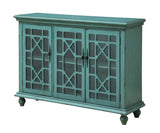 Three Door Media Credenza Credenza Hand Painted Textured Finish 3 Glass Paneled Doors Chinese Chippendale Fretwork  2 Interior Fixed Shelves Cord Management Adjustable Levelers