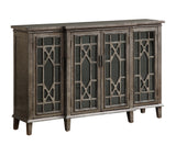 Four Door Media Credenza Credenza Hand Painted Textured Metallic Finish 4 Glass Paneled Doors Chinese Chippendale Fretwork  6 Interior Adjustable Shelves Cord Management Adjustable Levelers