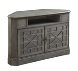 Two Door Corner Media Cabinet Media Cabinet Hand Painted Textured Finish 2 Glass Paneled Doors with Chippendale Fretwork Trapezoidal Shape designed for corner fit Soundbar and Cord Management Adjustable Levelers Canted Corners with Fluting Design
