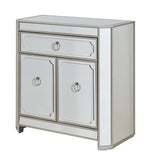 One Drawer Two Door Cabinet Cabinet Mirrored Cabinet Metallic Champagne Gold Trim 2 Mirrored Paneled Doors with Upgraded European Hinges 1 Mirrored Front Drawer with Metal Glides 1 Interior Fixed Shelf Adjustable Levelers
