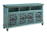 Four Door Media Credenza Media Credenza Hand Painted Textured Finish 4 Glass Paneled Doors Chippendale Fretwork 6 Interior Shelves Open Soundbar Cord Management