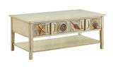 Surfside Two Drawer Cocktail table Accent Table Hand Painted and Resin Raised Shell / Coastal Motif Lower Open Storage Shelf 2 Drawers Square Tapered Legs Adjustable Levelers